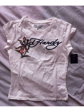 Ed Hardy Swallow Tattoo Graphic T-Shirt White Y2K Streetwear Tee Size M